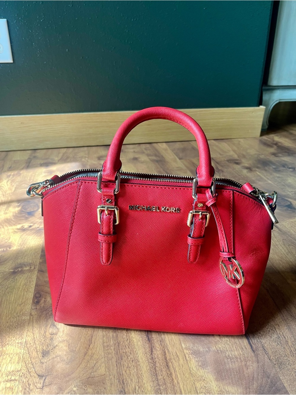 Michael Kors Bright Red Saffiano Leather Satchel with Gold Hardware